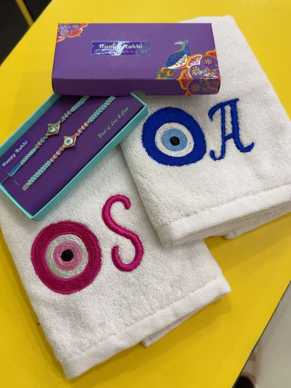 Personalised Evil Eye Design Towel Rakhi Hamper
